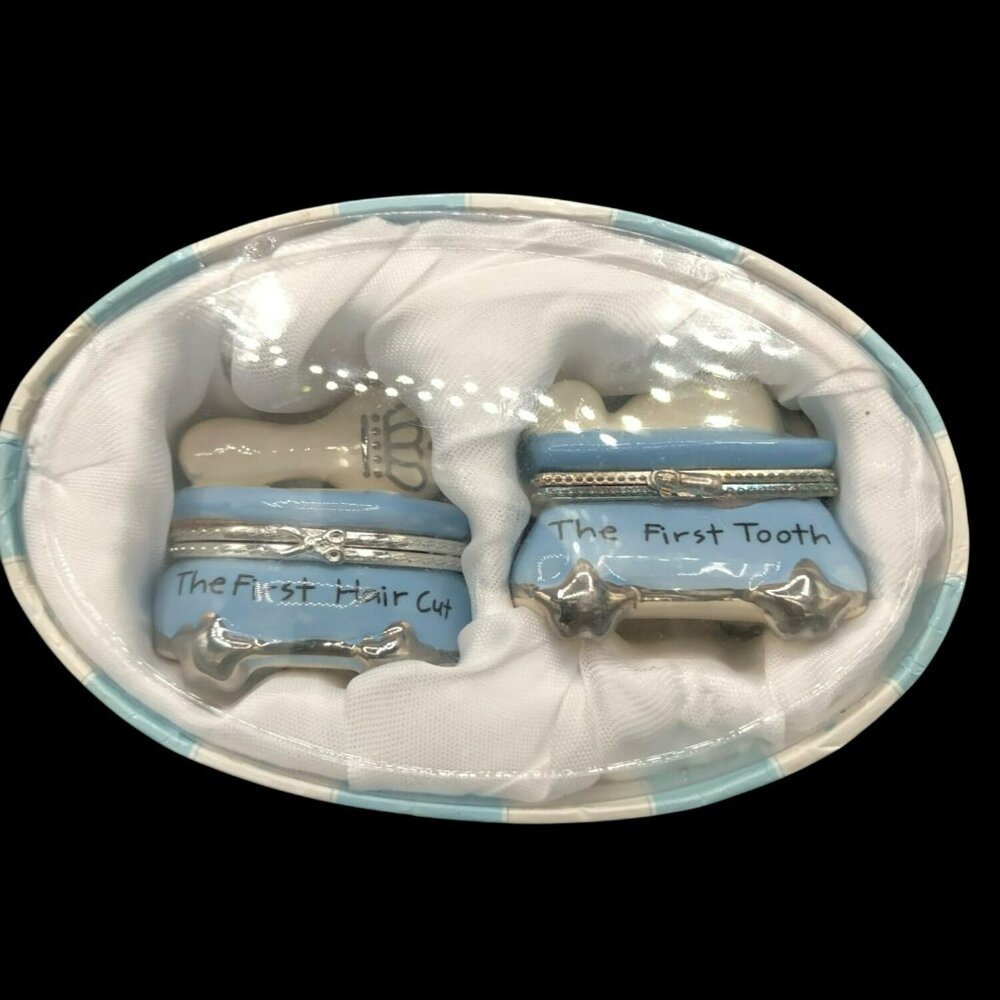 Mud Pie Baby Keepsake Trinket Boxes For First Haircut & First Tooth - Blue Oval